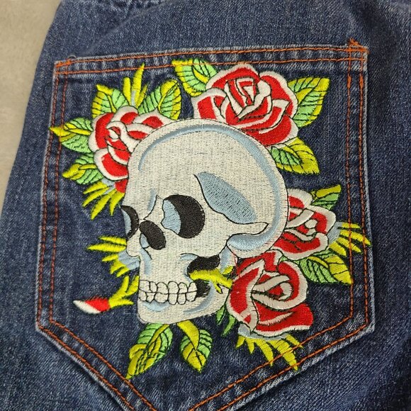 Vintage Don Ed Hardy Skull & Roses Embroidered Baggy Dark Denim Jeans Mens 32X34 - Picture 11 of 11